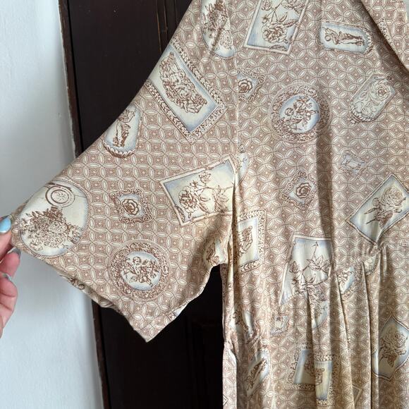90s Vintage David Dart Force One Cream tan Portrait Print Babydoll Dress Medium - Picture 7 of 9